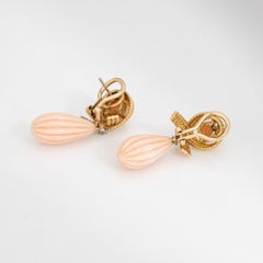 60s Vintage Drop Earrings 1.25" Fluted Angel Skin Coral Diamond 18k Yellow Gold