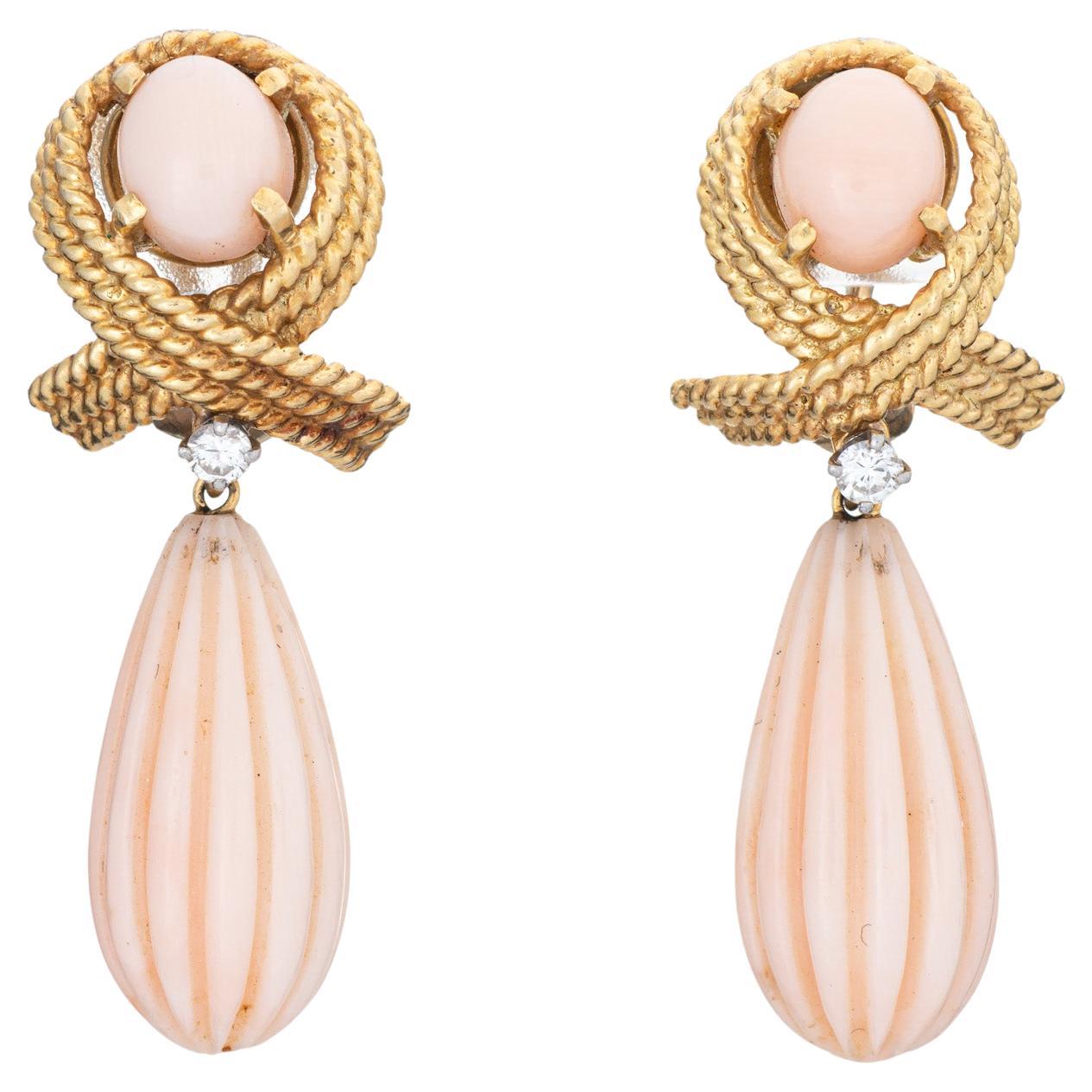 60s Vintage Drop Earrings 1.25" Fluted Angel Skin Coral Diamond 18k Yellow Gold