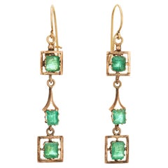 60s Vintage Emerald Drop Earrings 14k Yellow Gold Estate Heirloom Jewelry
