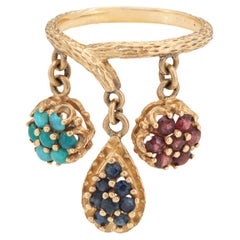 60s Vintage Gemstone Charm Ring Sz 5.5 Turquoise Ruby Garnet Band Dangle