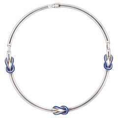 1960s Retro Gucci Hercules Knot Necklace Silver Blue Enamel Collar