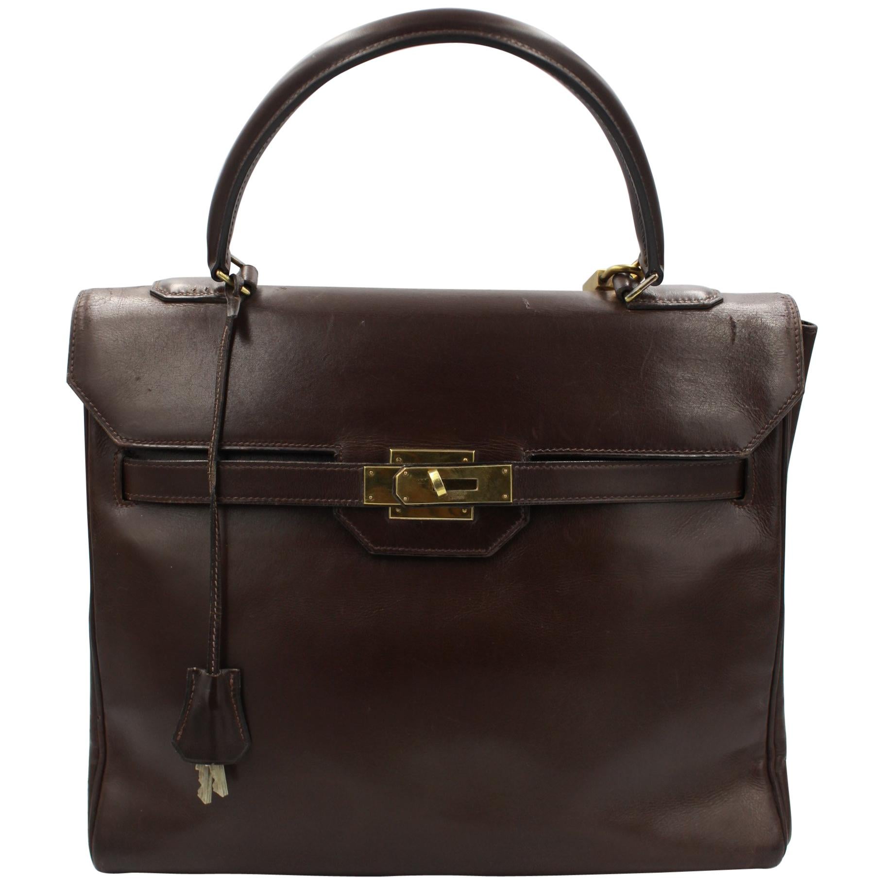 60
s Vintage Hemes Monaco 28 in Brown Chocolate Box Leather For Sale