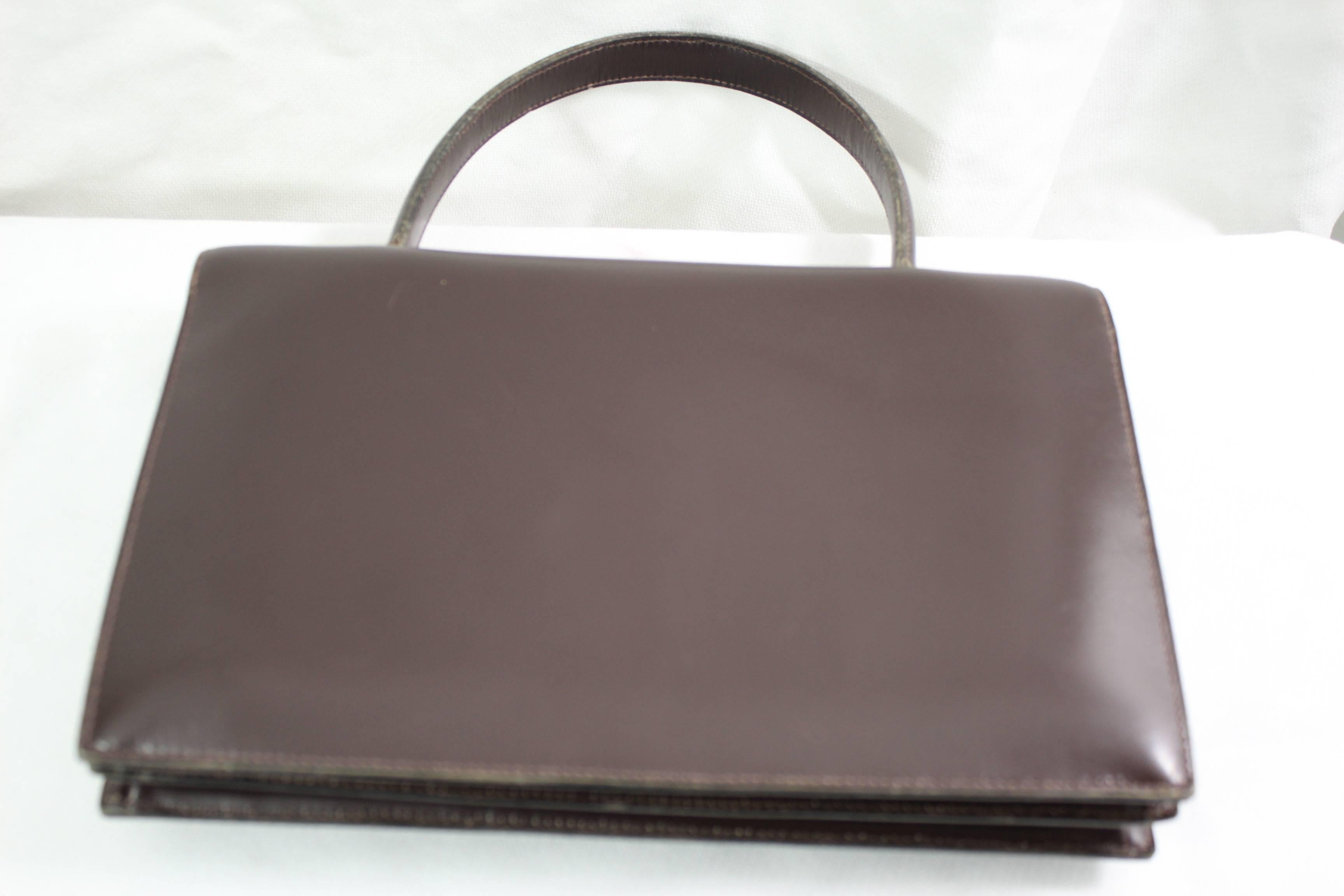 60's Vintage Hermes Dark Brown Piano Bag in Brown Box Leather  In Good Condition For Sale In Paris, FR