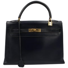 60's Vintage Hermes Kelly Sellier 32 Navy Box Leather Bag