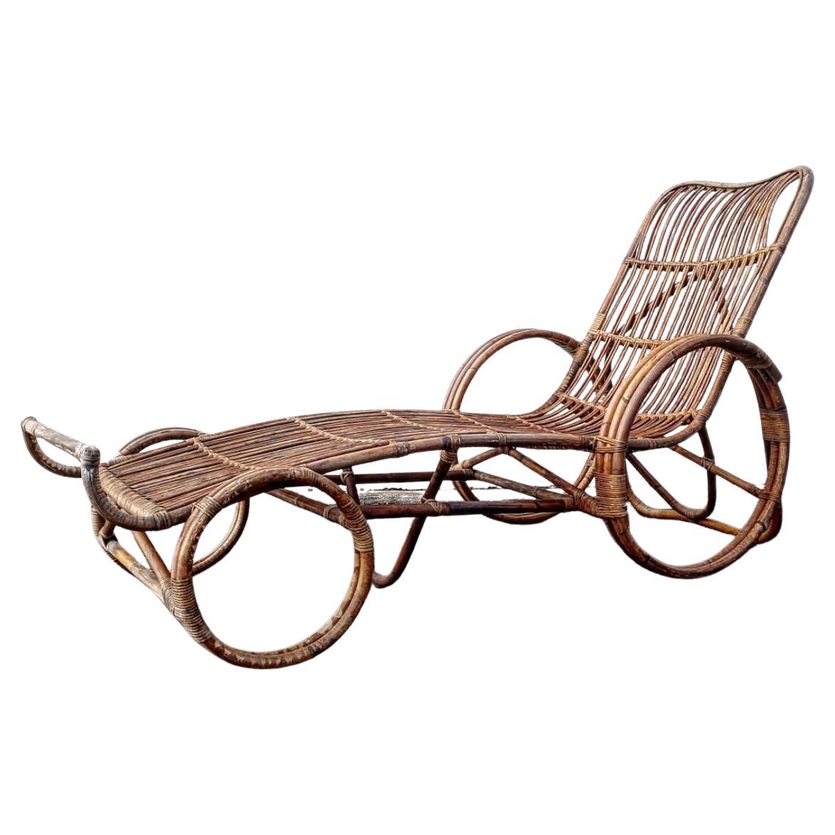 60s Vintage Italian Franco Albini Style Stick Reed Bamboo Chaise Lounge Chair