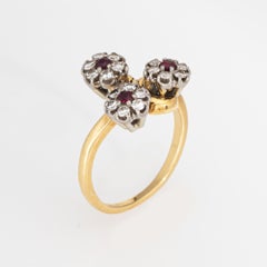 Anello Jabel vintage anni '60 Diamante Rubino 3 Fiori Posey Cluster Sz 6.75 Oro 18k