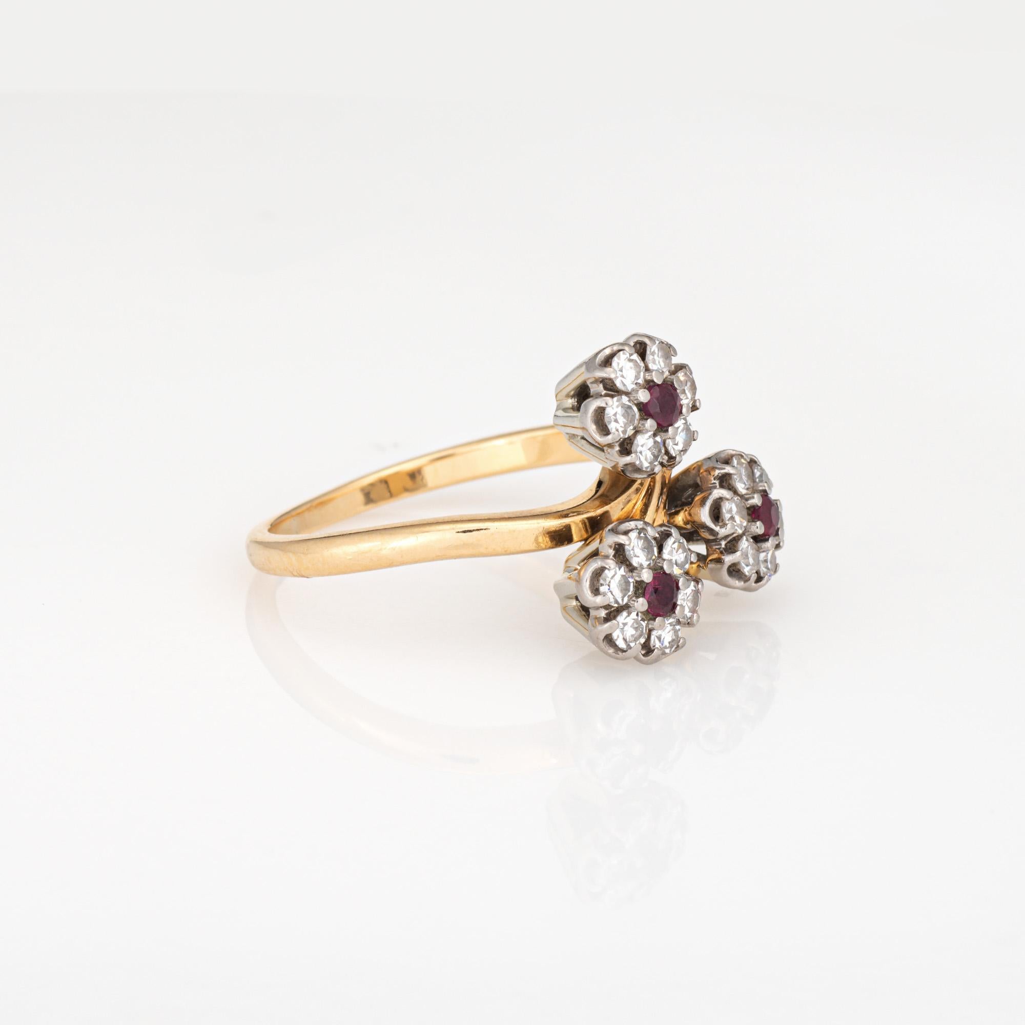 Modern 60s Vintage Jabel Ring Diamond Ruby 3 Flower Posey Cluster Sz 6.75 18k Gold For Sale