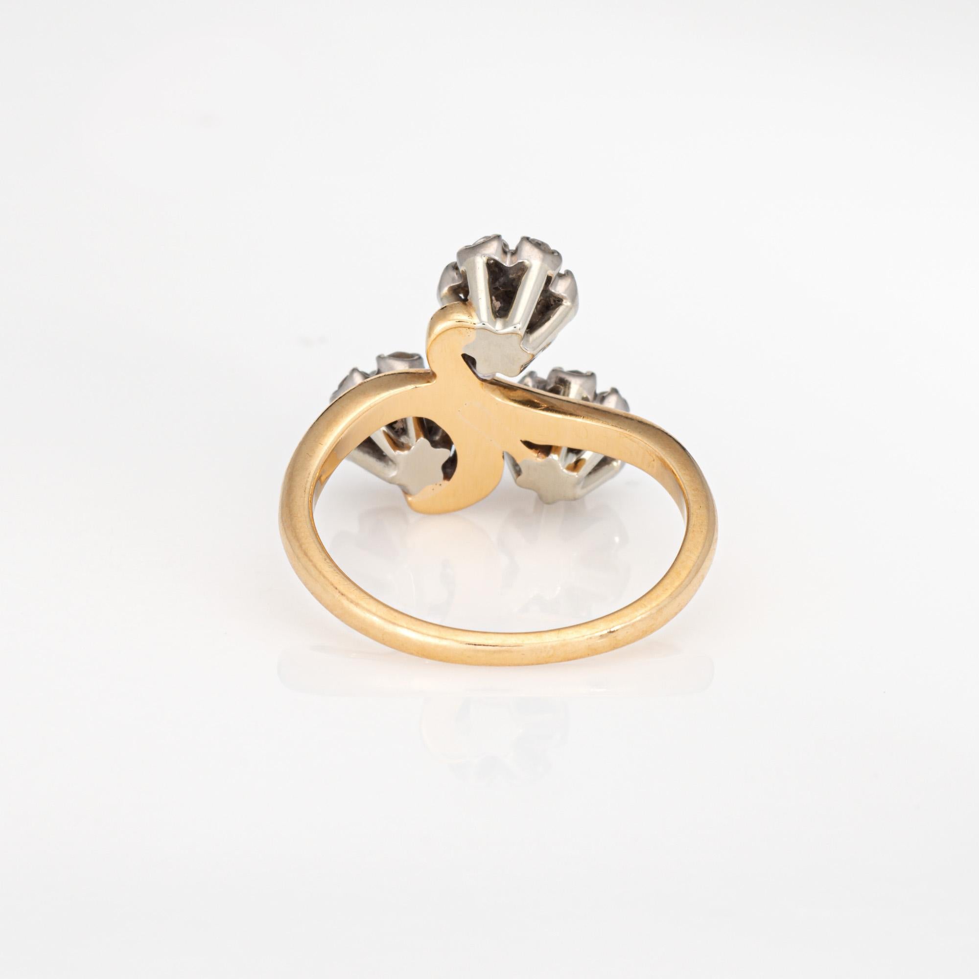 Round Cut 60s Vintage Jabel Ring Diamond Ruby 3 Flower Posey Cluster Sz 6.75 18k Gold For Sale