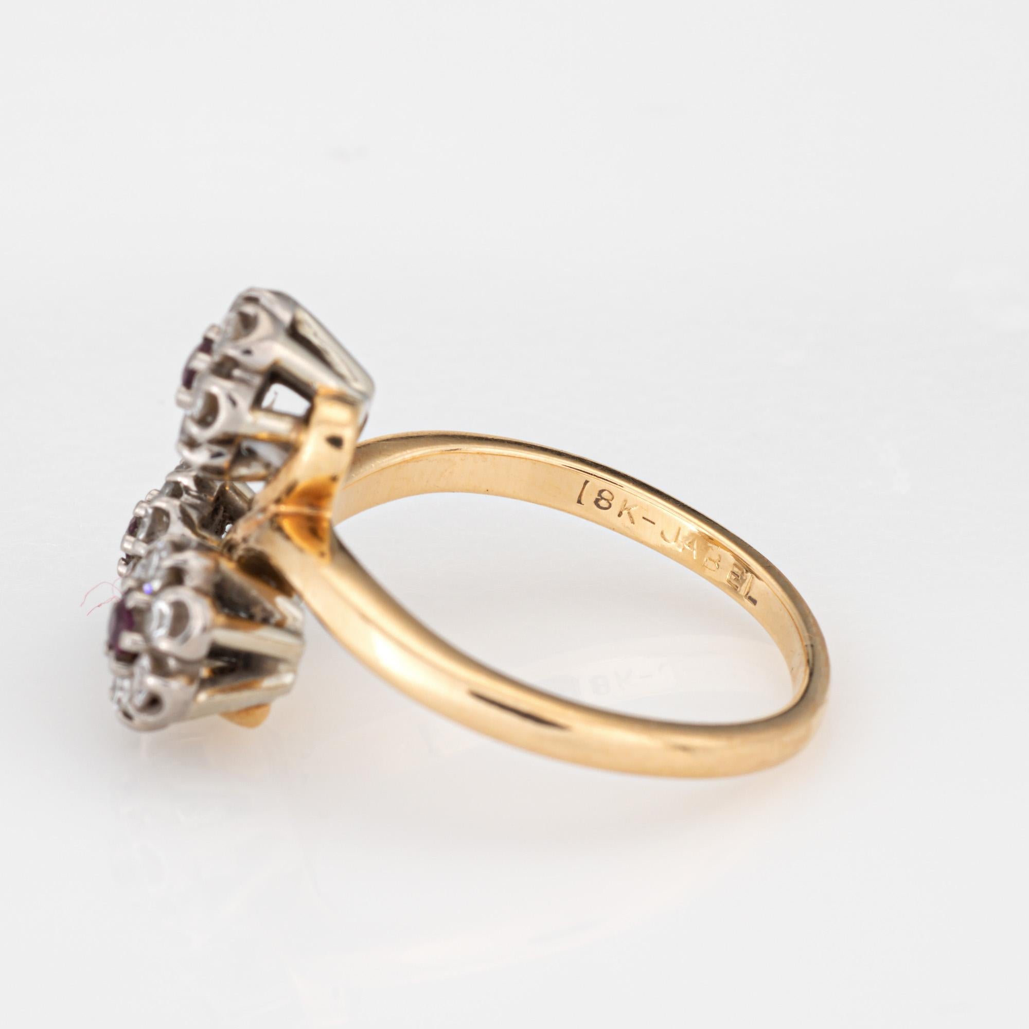 Women's 60s Vintage Jabel Ring Diamond Ruby 3 Flower Posey Cluster Sz 6.75 18k Gold For Sale