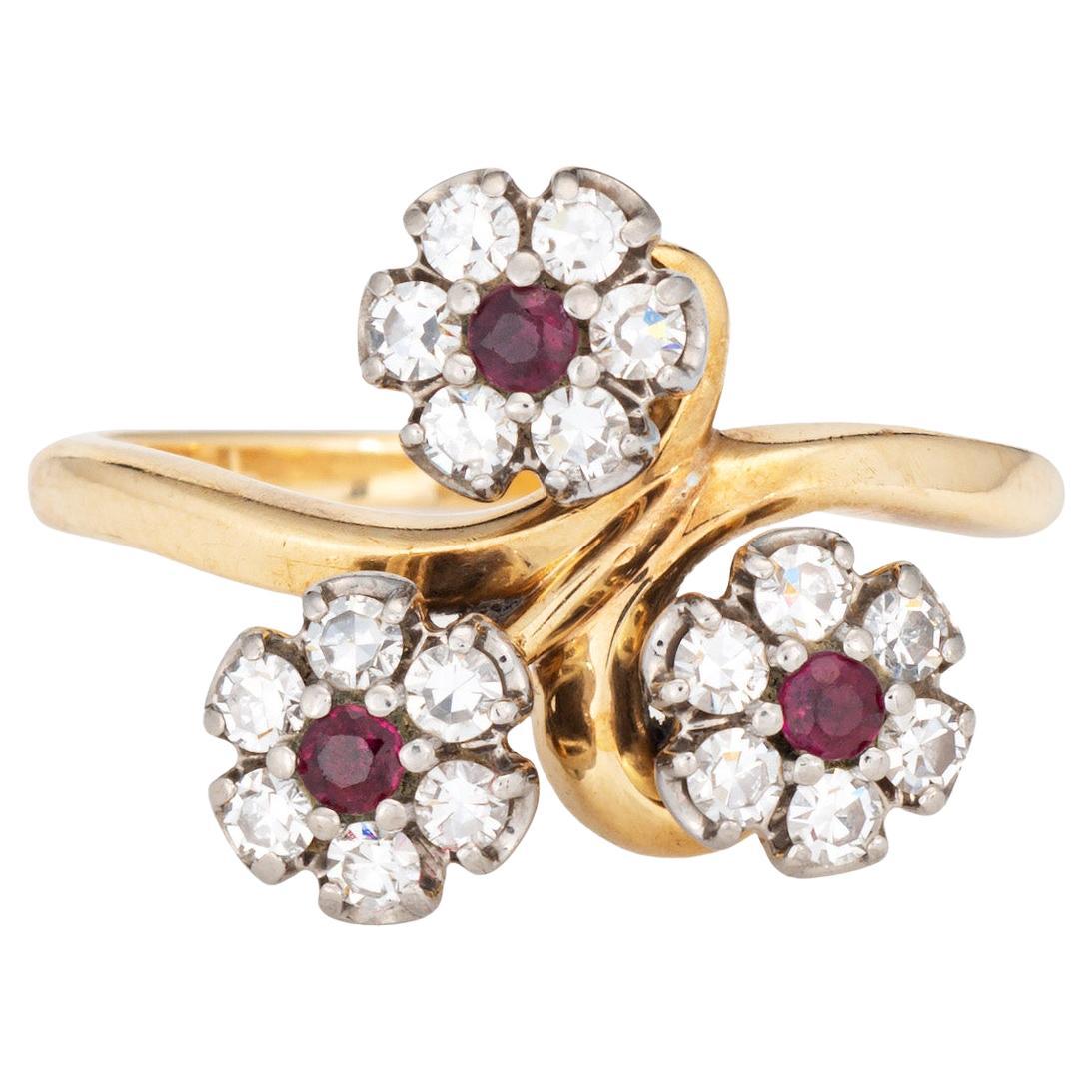 60s Vintage Jabel Ring Diamond Ruby 3 Flower Posey Cluster Sz 6.75 18k Gold For Sale
