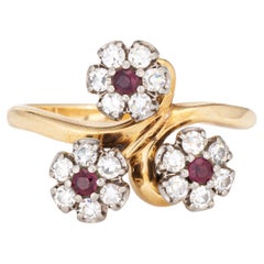 60s Vintage Jabel Ring Diamond Ruby 3 Flower Posey Cluster Sz 6.75 18k Gold