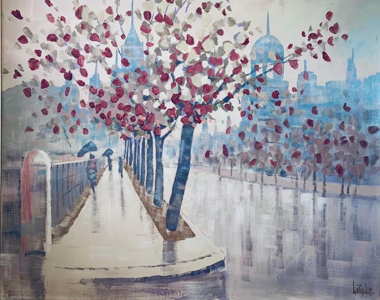 Raro sobredimensionado Mid Century Modern 
Lee Reynolds para Vanguard Studios, Pintura al óleo expresionista abstracta. Firmado y enmarcado. 

Una encantadora y relajante imagen expresionista muestra a gente paseando por paseos cubiertos de cerezos