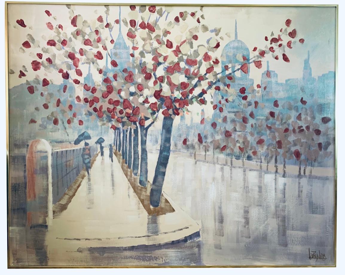 60s  Lee Reynolds Paisaje urbano de París moderno de mediados de siglo Pintura al óleo Enmarcada Firmada en Bueno estado para la venta en St.Petersburg, FL