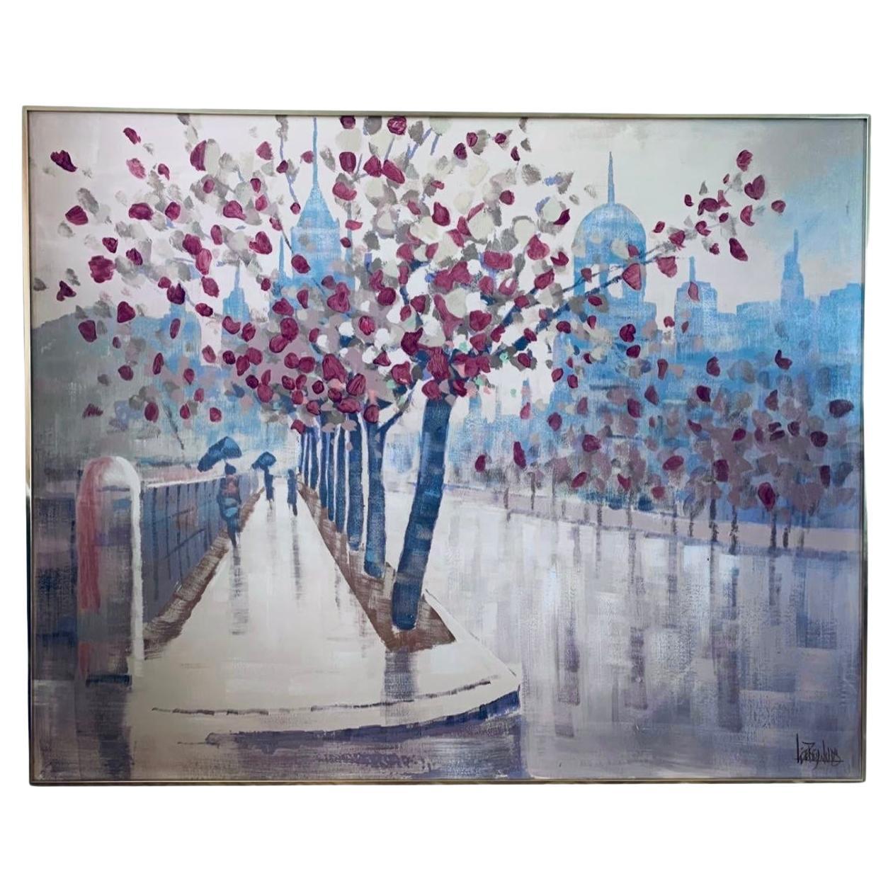 60s  Lee Reynolds Mid Century Modern Paris Cityscape Oil Painting Framed Signed