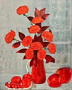 60s Vintage Mid Century Modern Rojo Floral Bodegón Pintura al óleo Enmarcado