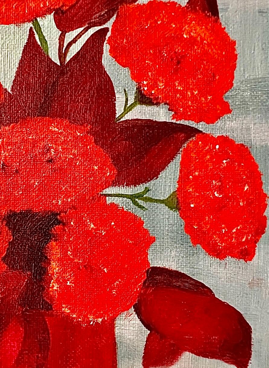 60s Vintage Mid Century Modern Rot Floral Stillleben Ölgemälde Gerahmt (Moderne der Mitte des Jahrhunderts) im Angebot