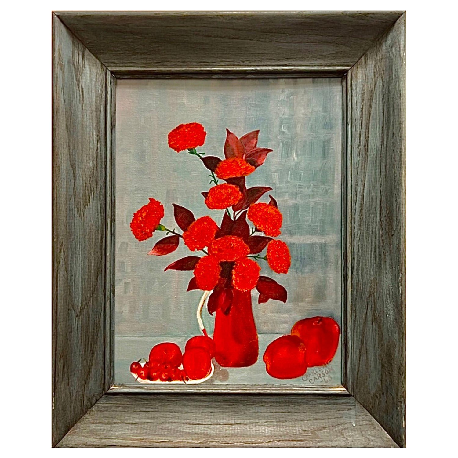 60s Vintage Mid Century Modern Rot Floral Stillleben Ölgemälde Gerahmt im Angebot