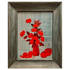 60s Vintage Mid Century Modern Rojo Floral Bodegón Pintura al óleo Enmarcado