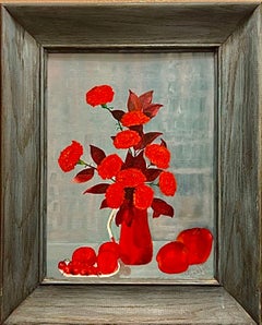 60s Vintage Mid Century Modern Rojo Floral Bodegón Pintura al óleo Enmarcado