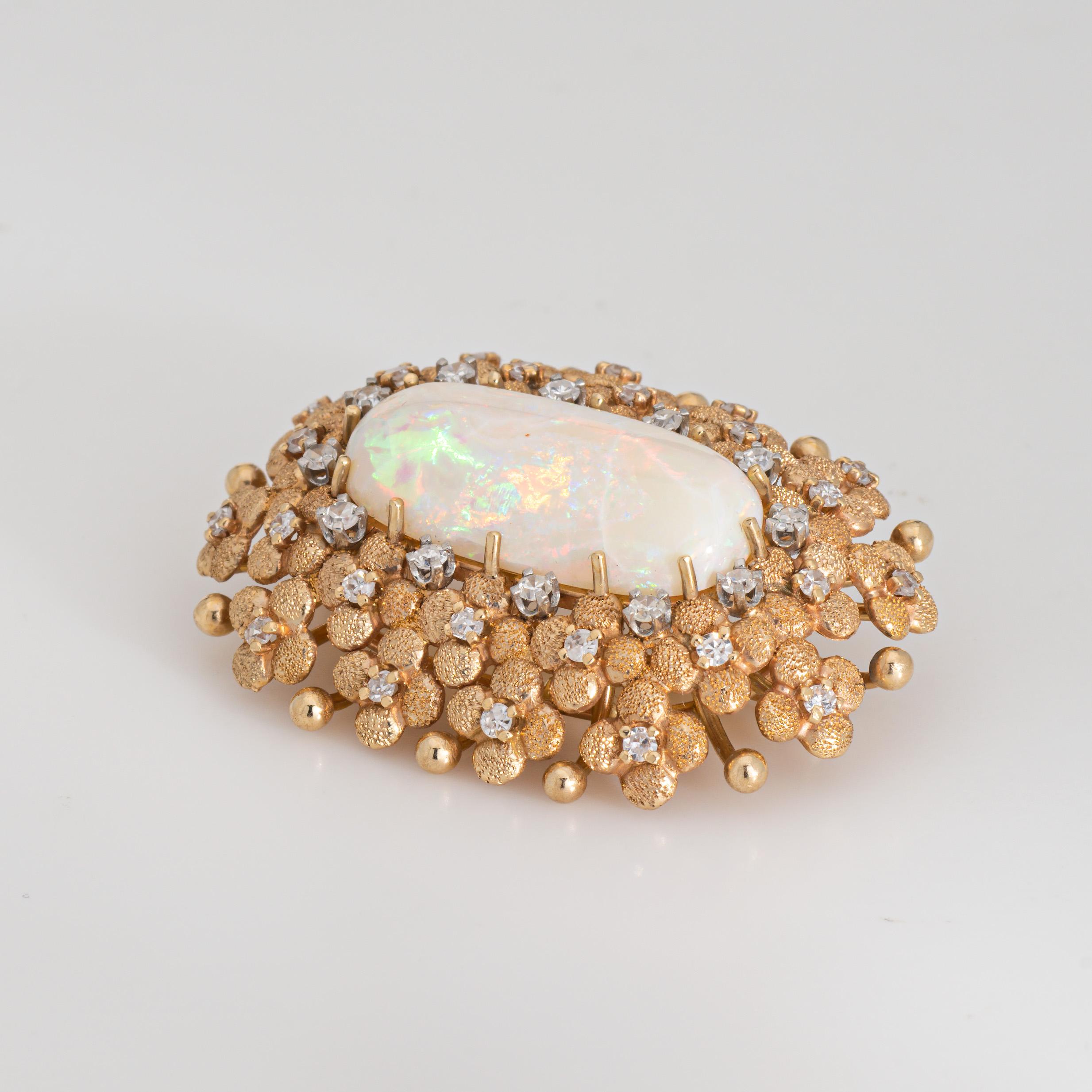 Stylish and finely detailed large opal & diamond brooch crafted in 14 karat yellow gold (circa 1960s).

Cabochon cut opal measures 23mm x 12mm. Single cut diamonds total an estimated 0.20 carats (estimated at H-I color and VS2-SI2 clarity). 

A long