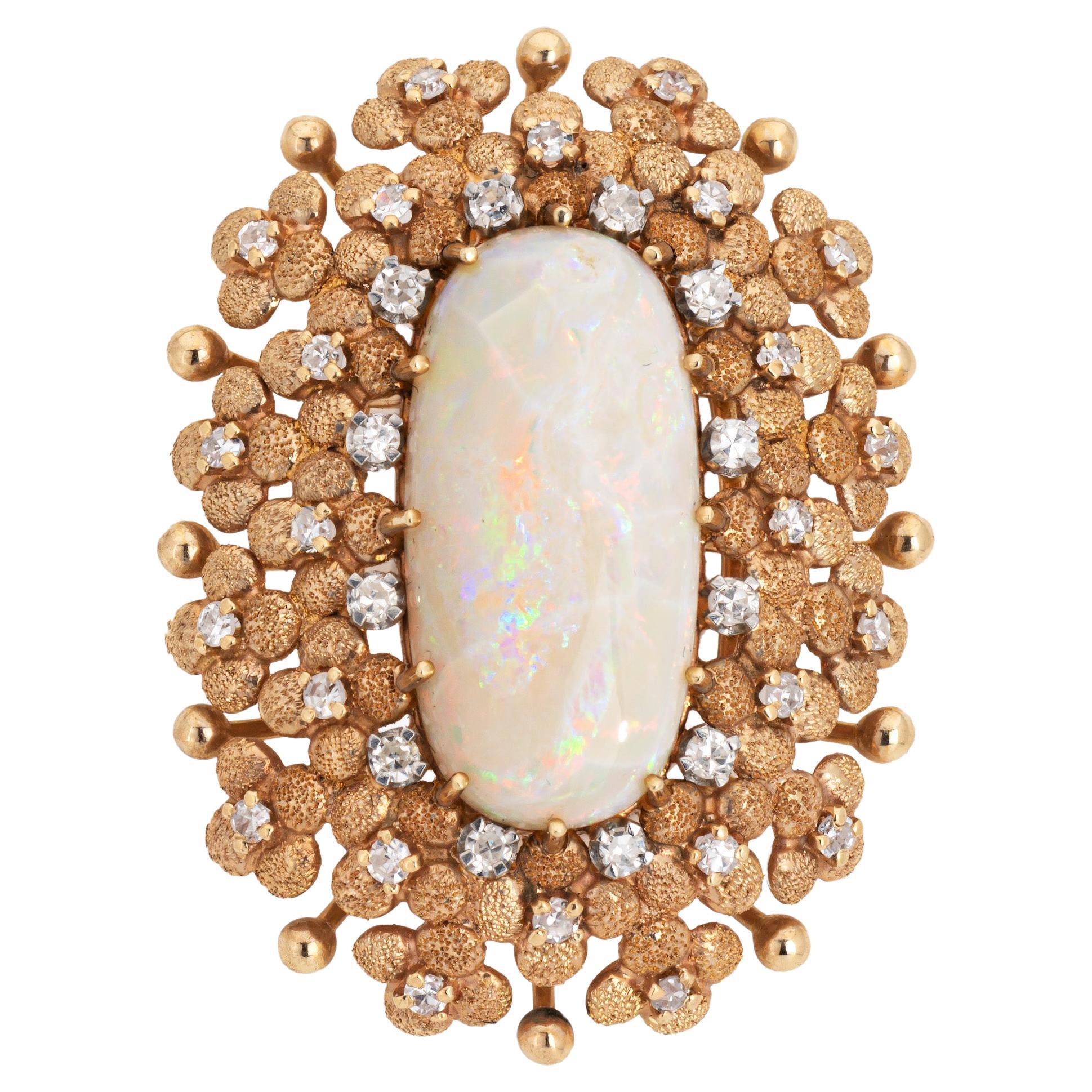 Spilla vintage anni '60 con diamante e opale grande, dichiarazione ovale di alta gioielleria
