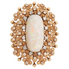 60s Vintage Opal Diamond Brooch Pin Large Oval Statement Fine Jewelry 