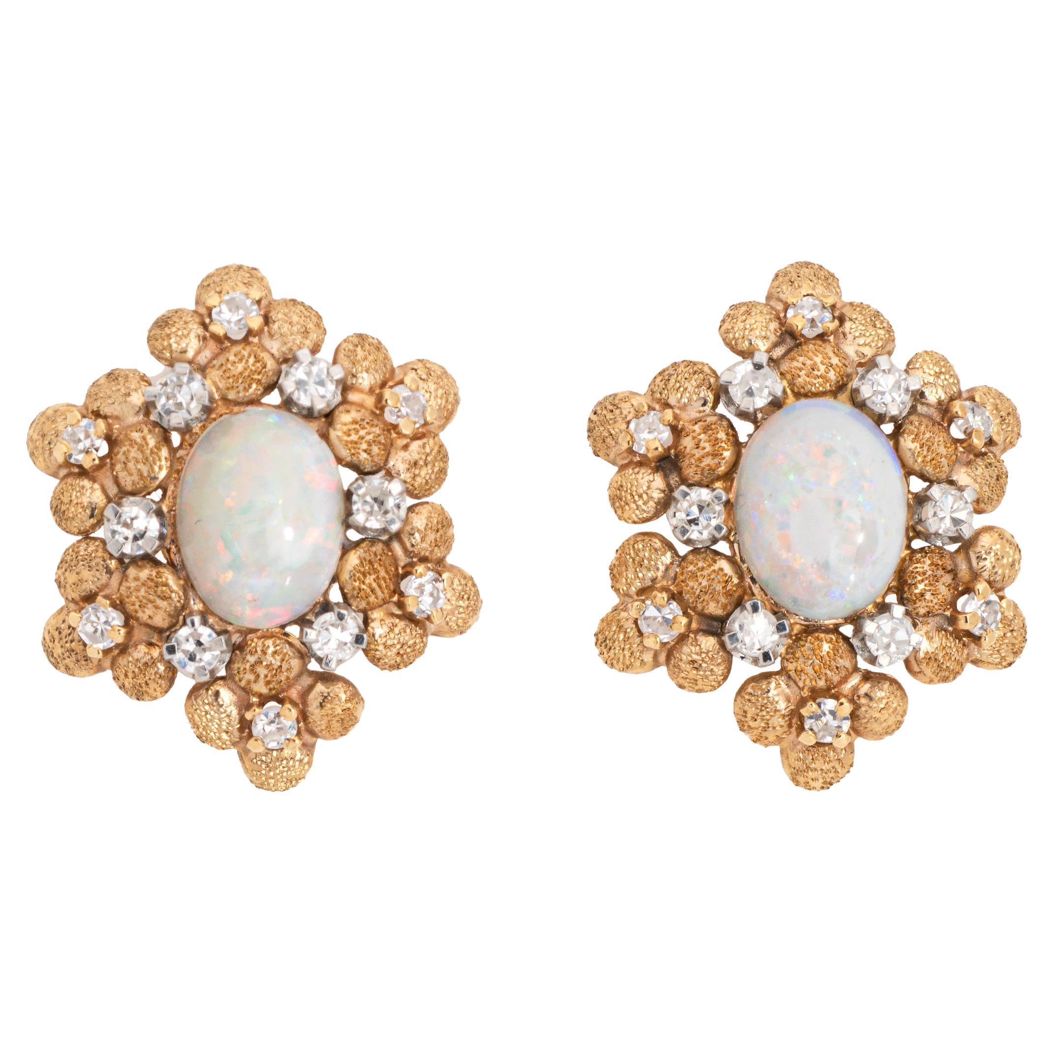 60s Vintage Opal Diamond Earrings 14k Yellow Gold Oval Studs Estate Jewelry For Sale