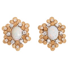 60s Vintage Opal Diamond Earrings 14k Yellow Gold Oval Studs Estate Jewelry