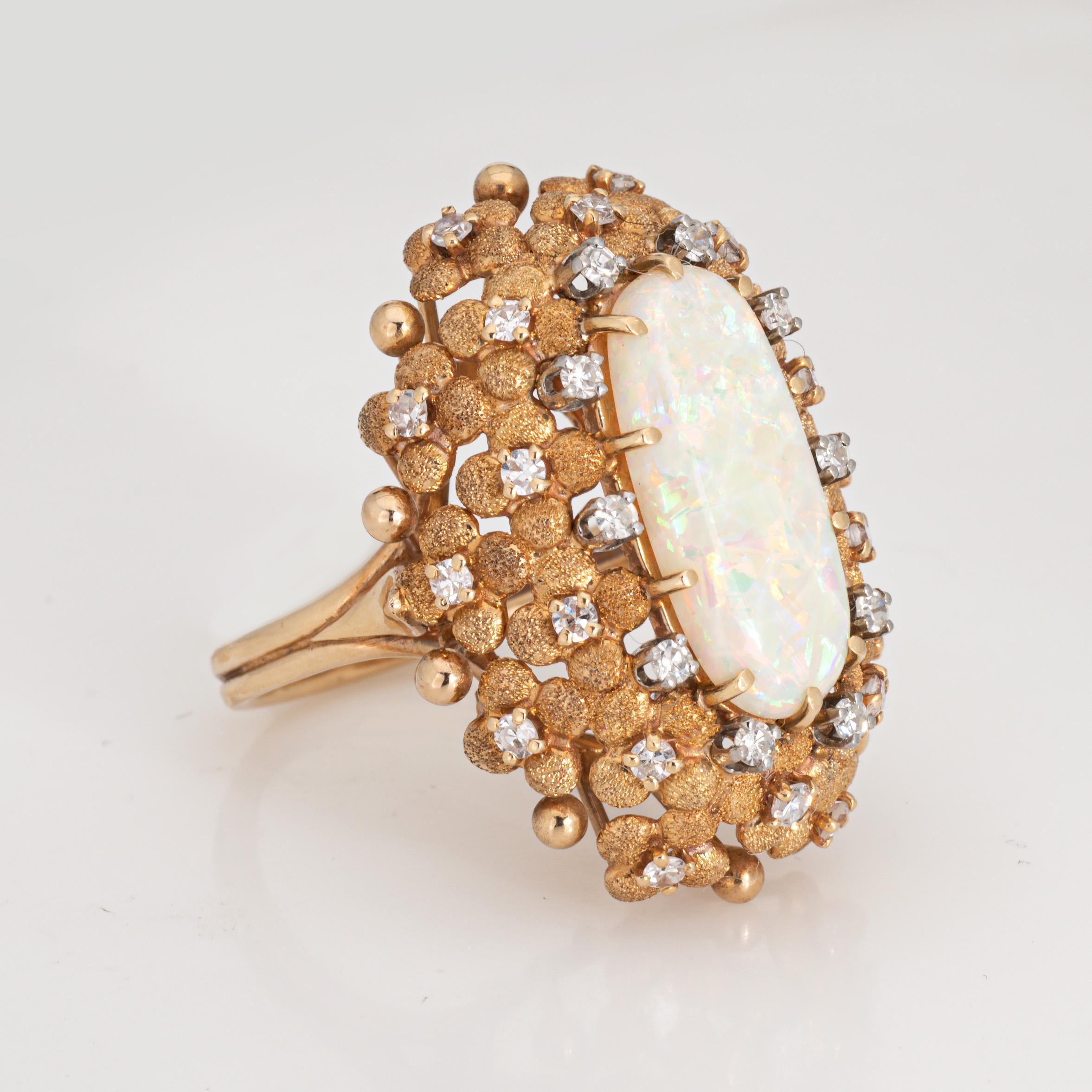 Modern 60s Vintage Opal Diamond Ring Large Oval Cocktail Sz 7.5 Estate Fine Jewelry 