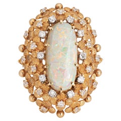 60s Vintage Opal Diamond Ring Large Oval Cocktail Sz 7.5 Estate Fine Jewelry 