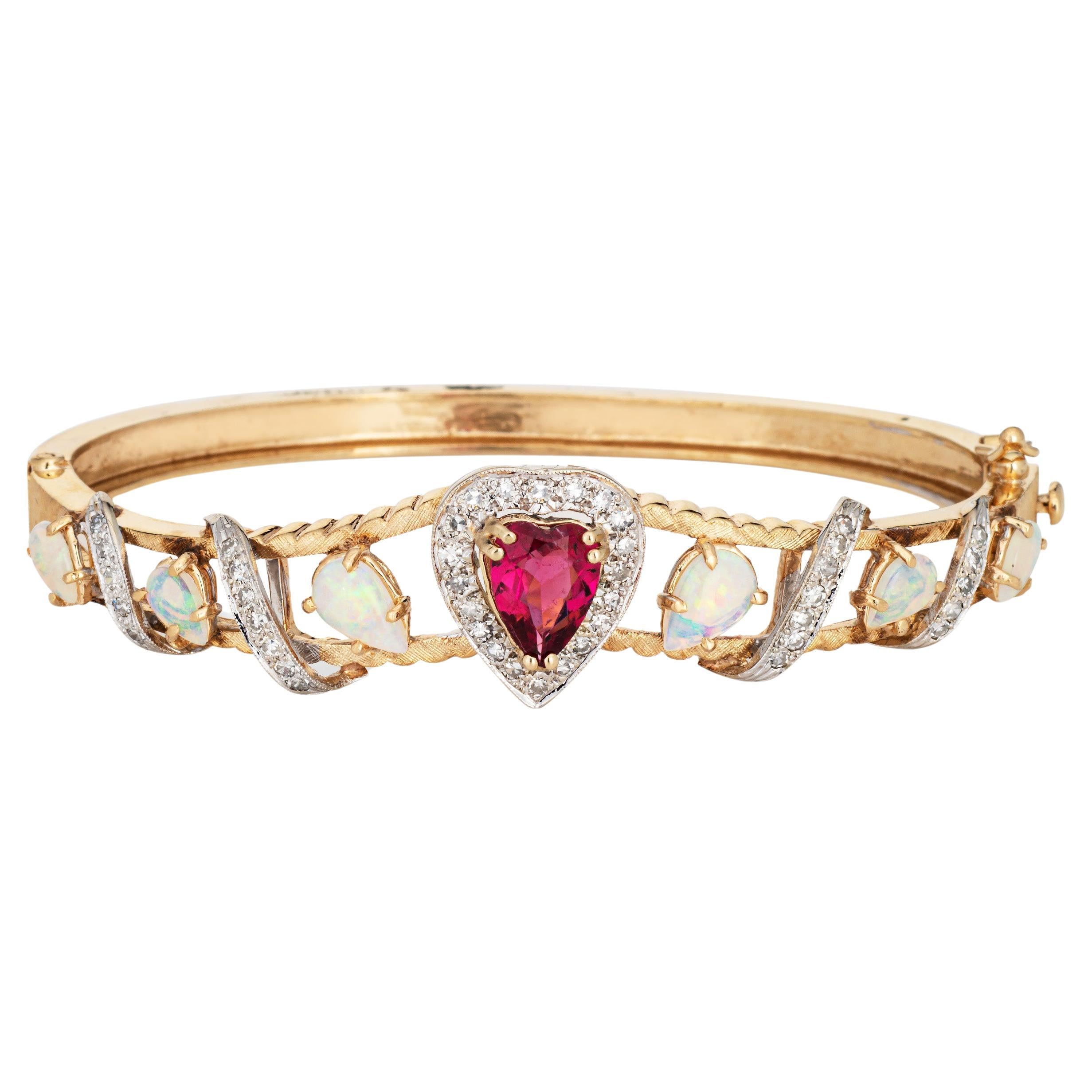 60s Vintage Opal Pink Tourmaline Bracelet Heart Diamond 14k Yellow Gold Jewelry