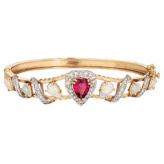 Bracelet cœur vintage en or jaune 14 carats, opale, tourmaline rose et diamants, années 60
