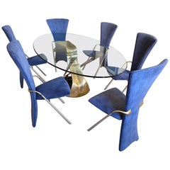 60s Vintage Sculptural Oval Dining Table and 6 Blue Velvet Statement Chairs 