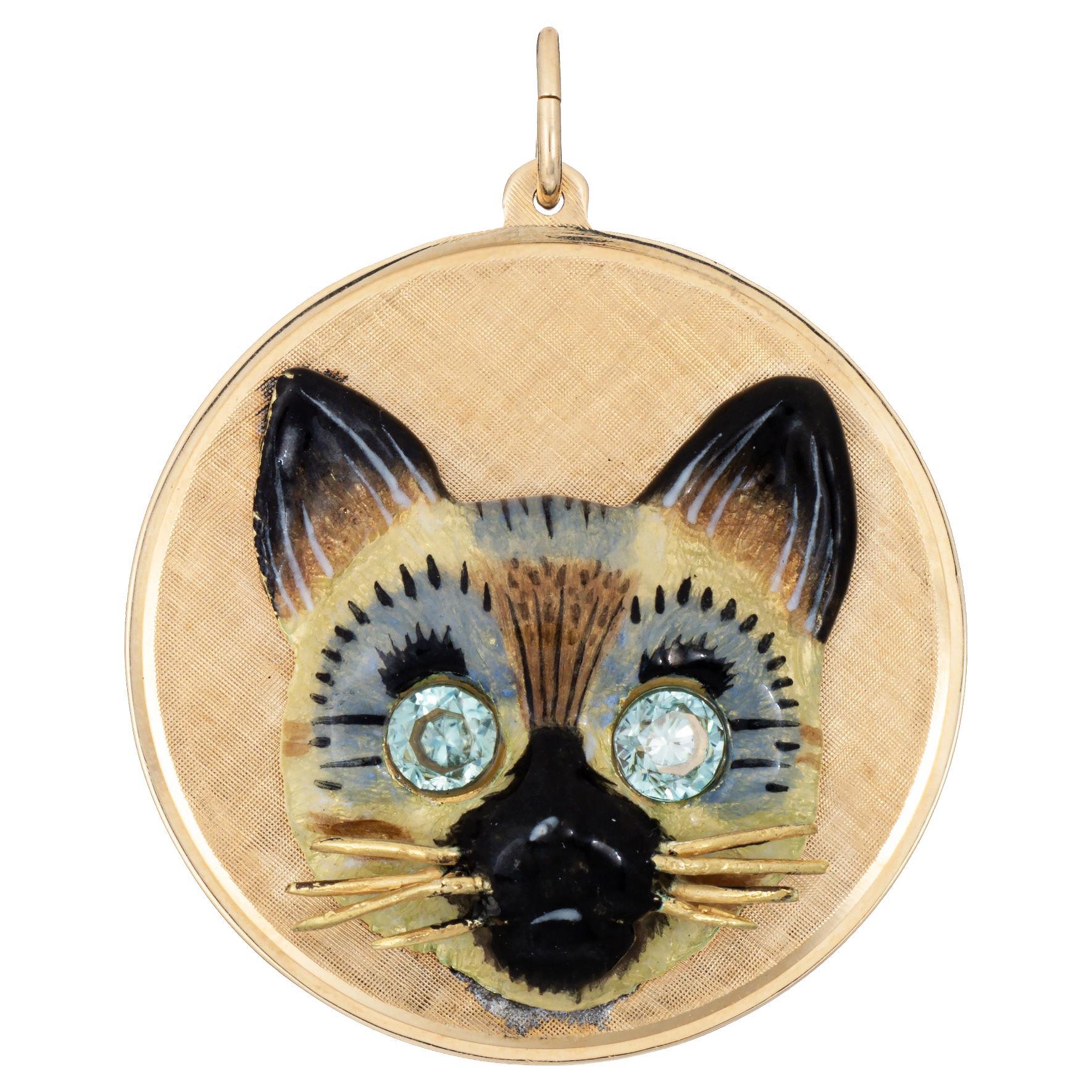 60s Vintage Siamese Cat Medallion Pendant 14k Yellow Gold Vintage Animal Jewelry