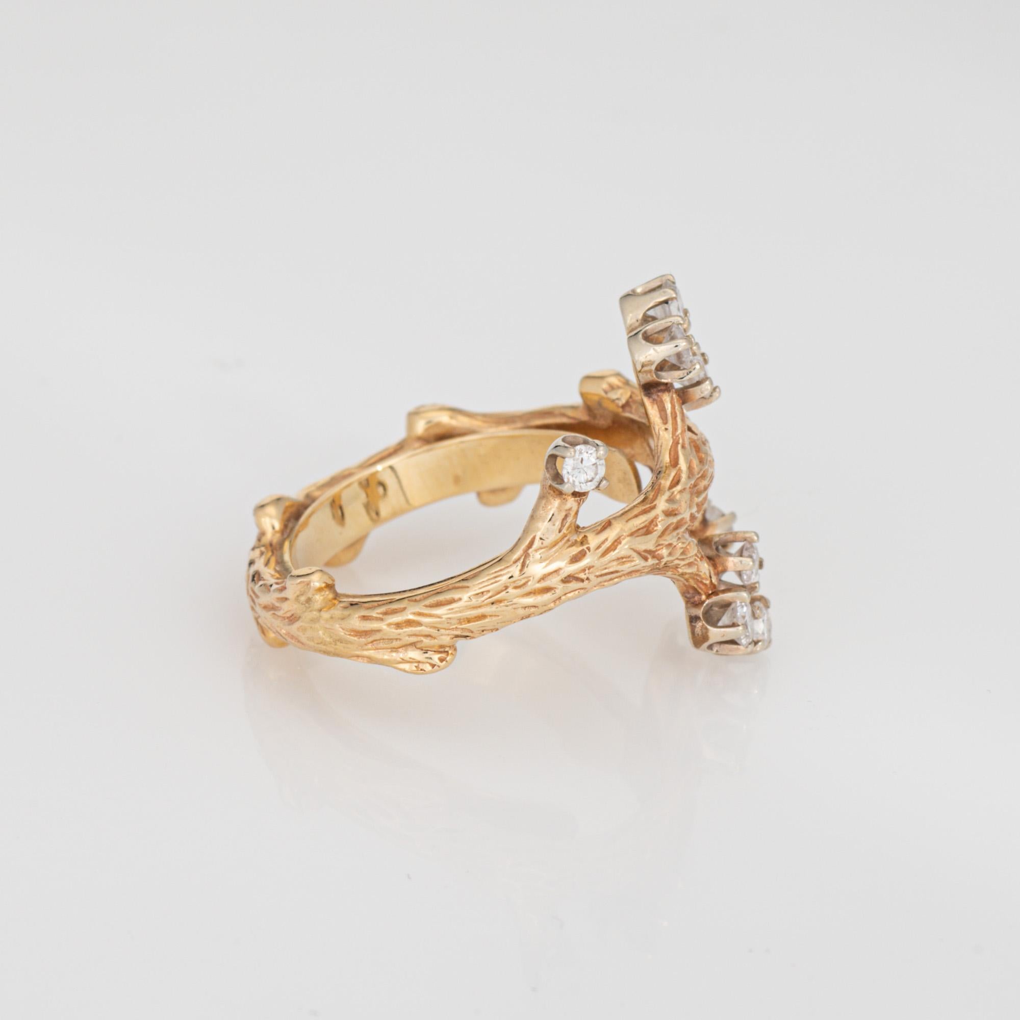 Moderno Anello vintage anni '60 con ramo d'albero Sz 5 Diamante 14k Oro giallo Estate Jewelry in vendita