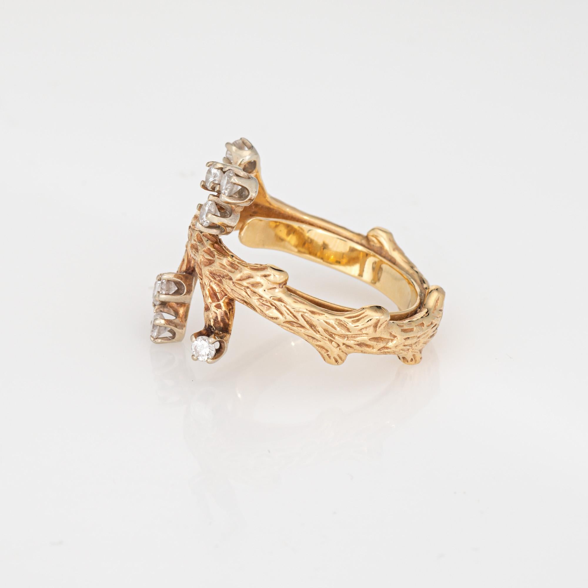 Taglio grezzo Anello vintage anni '60 con ramo d'albero Sz 5 Diamante 14k Oro giallo Estate Jewelry in vendita