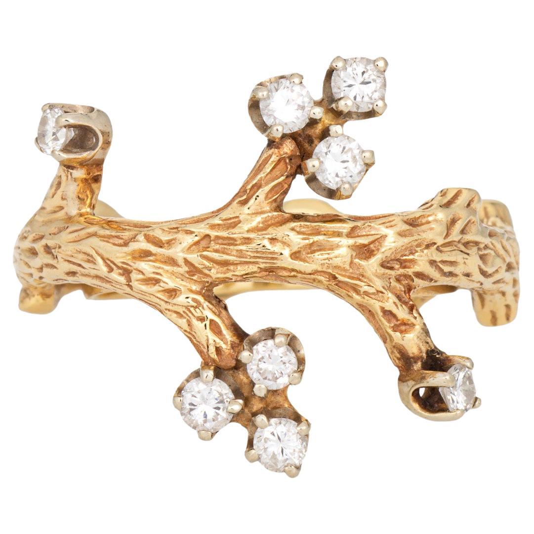 60s Vintage Tree Branch Ring Sz 5 Diamond 14k Yellow Gold Estate Fine Jewelry