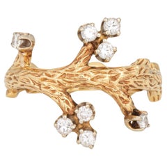 60s Vintage Tree Branch Ring Sz 5 Diamond 14k Yellow Gold Estate Fine Jewelry