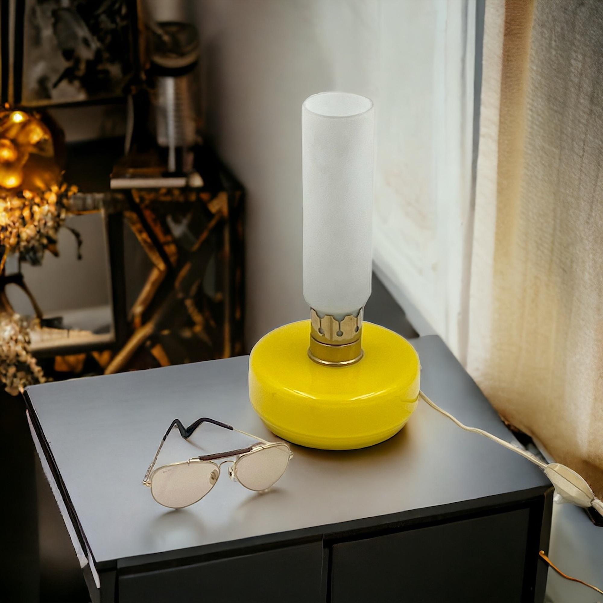 60s Vintage Yellow Glass Lamp with Satin-Finished Shade and Golden Metal Details 4