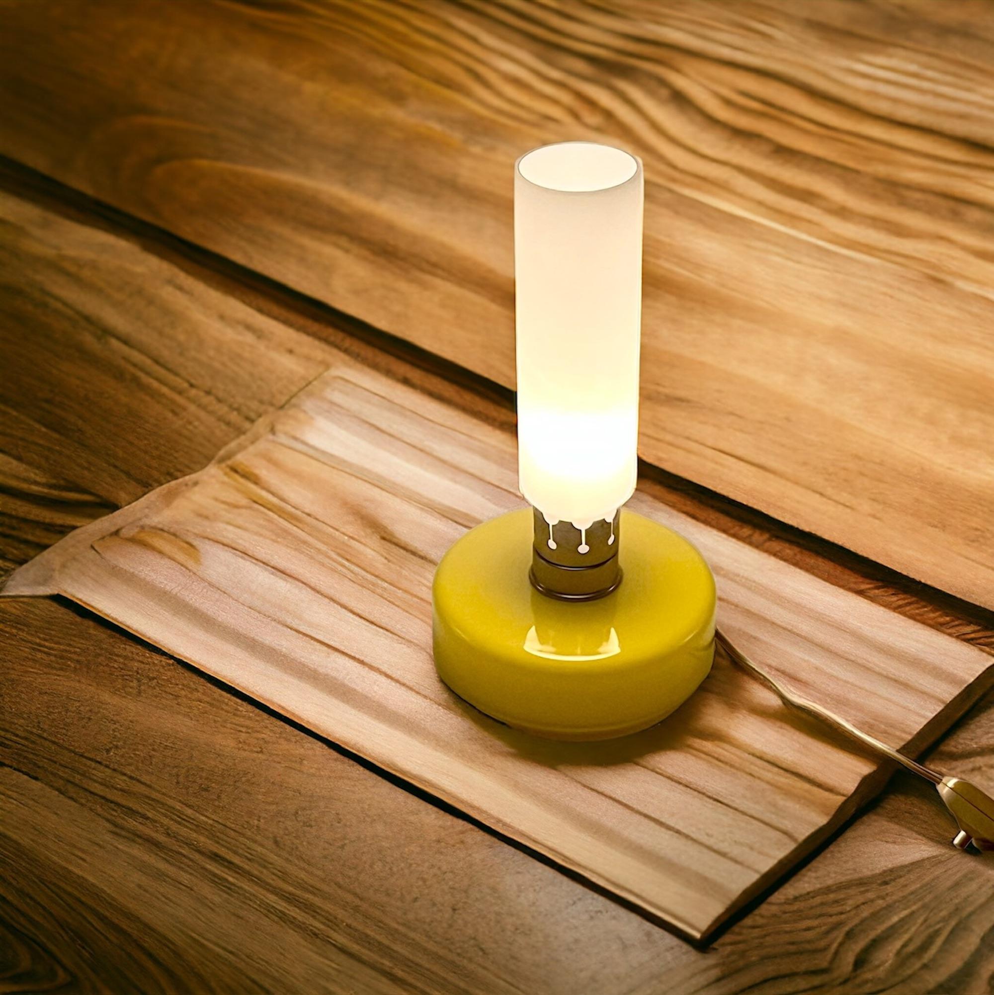 Mid-Century Modern 60s Vintage Yellow Glass Lamp with Satin-Finished Shade and Golden Metal Details