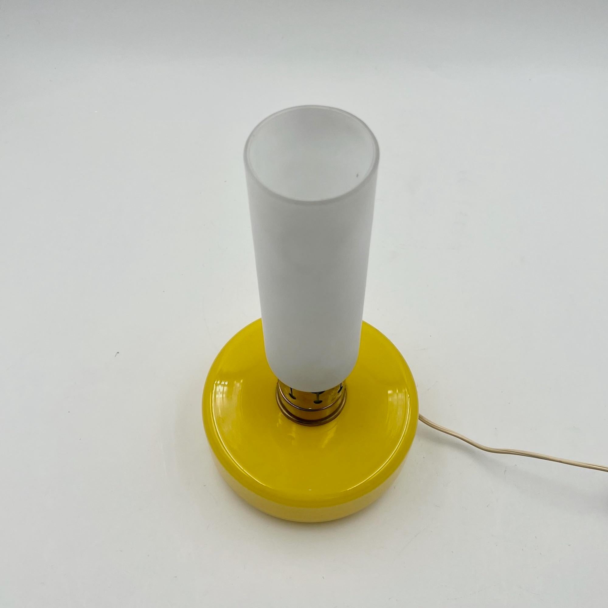 Italian 60s Vintage Yellow Glass Lamp with Satin-Finished Shade and Golden Metal Details