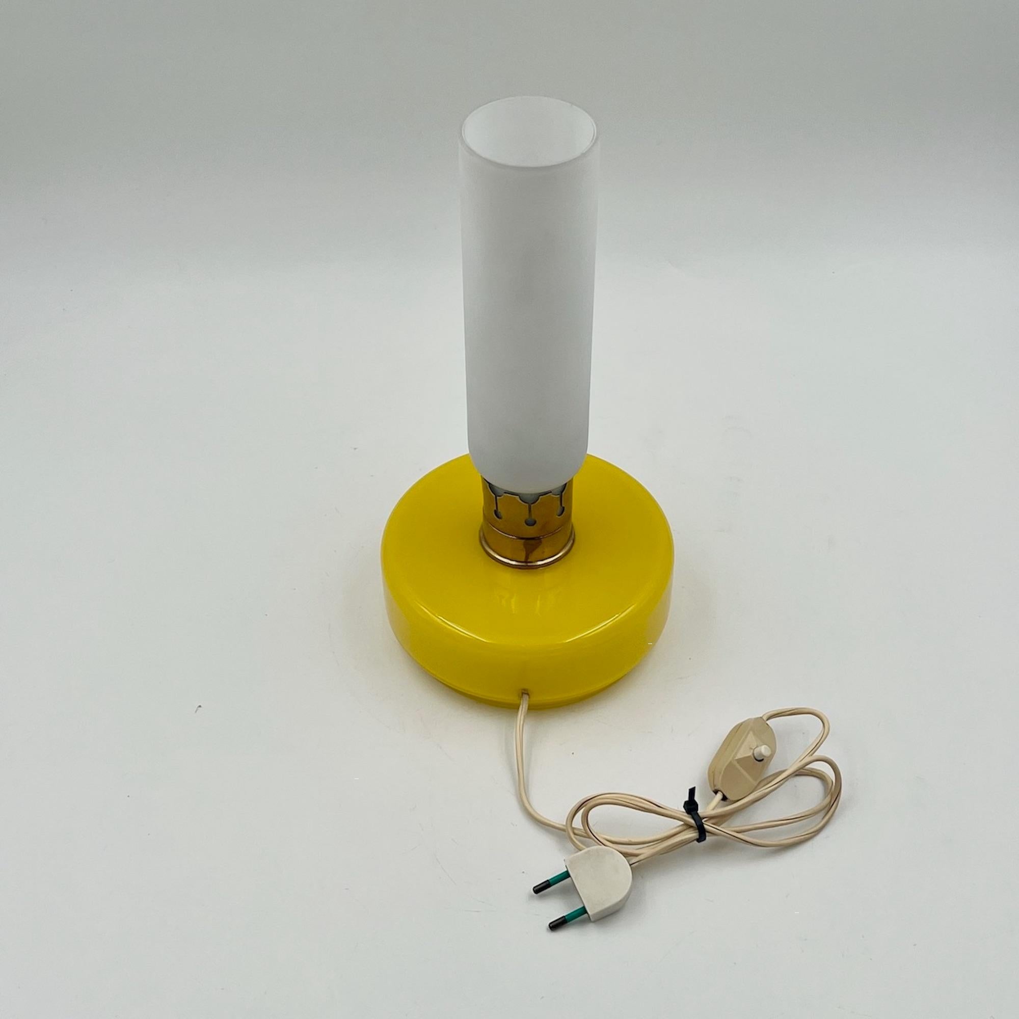 Mid-20th Century 60s Vintage Yellow Glass Lamp with Satin-Finished Shade and Golden Metal Details