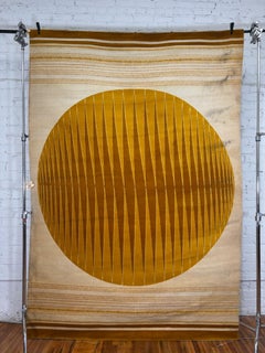 60s Wally's France, Mustrard Circle Brown Stripes Cream, UNUSED, Wool Rya Rug