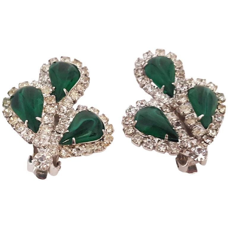 60s Weiss Rhinestone and Green Marbled Glass Earrings In Excellent Condition In San Francisco, CA