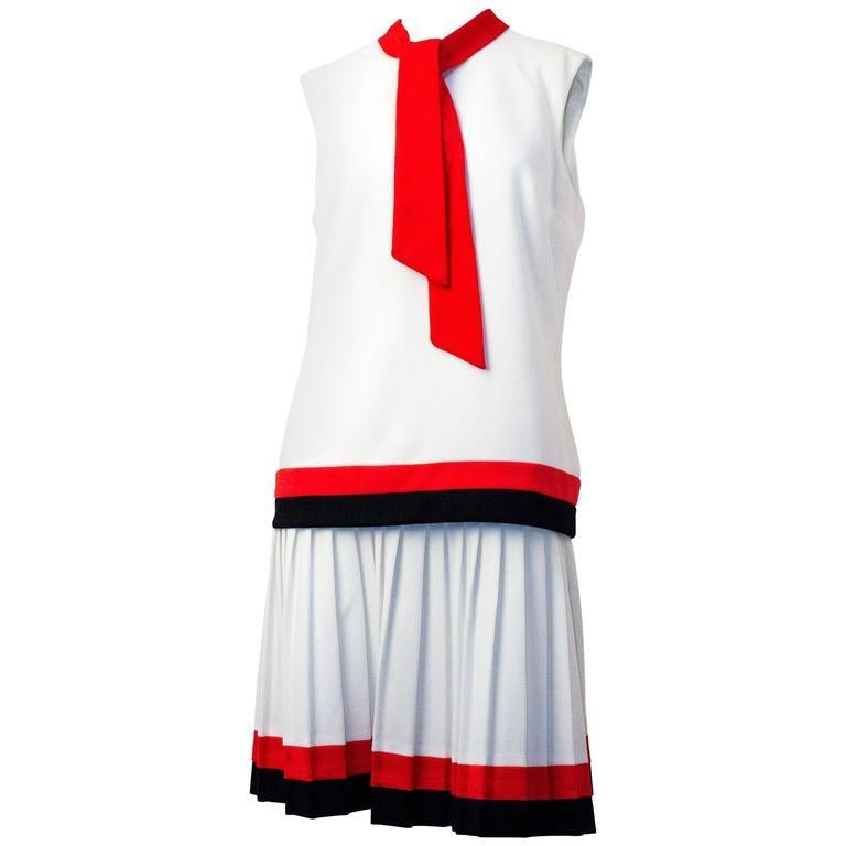 Gray 60s White Drop Waist Dress with Pleated Skirt and Red & Black Trim  