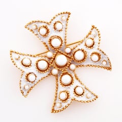 60s White Enamel Maltese Cross Brooch With Milk Glass Cabochons By Crown Trifari