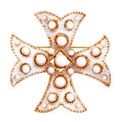 60s White Enamel Maltese Cross Brooch With Milk Glass Cabochons By Crown Trifari