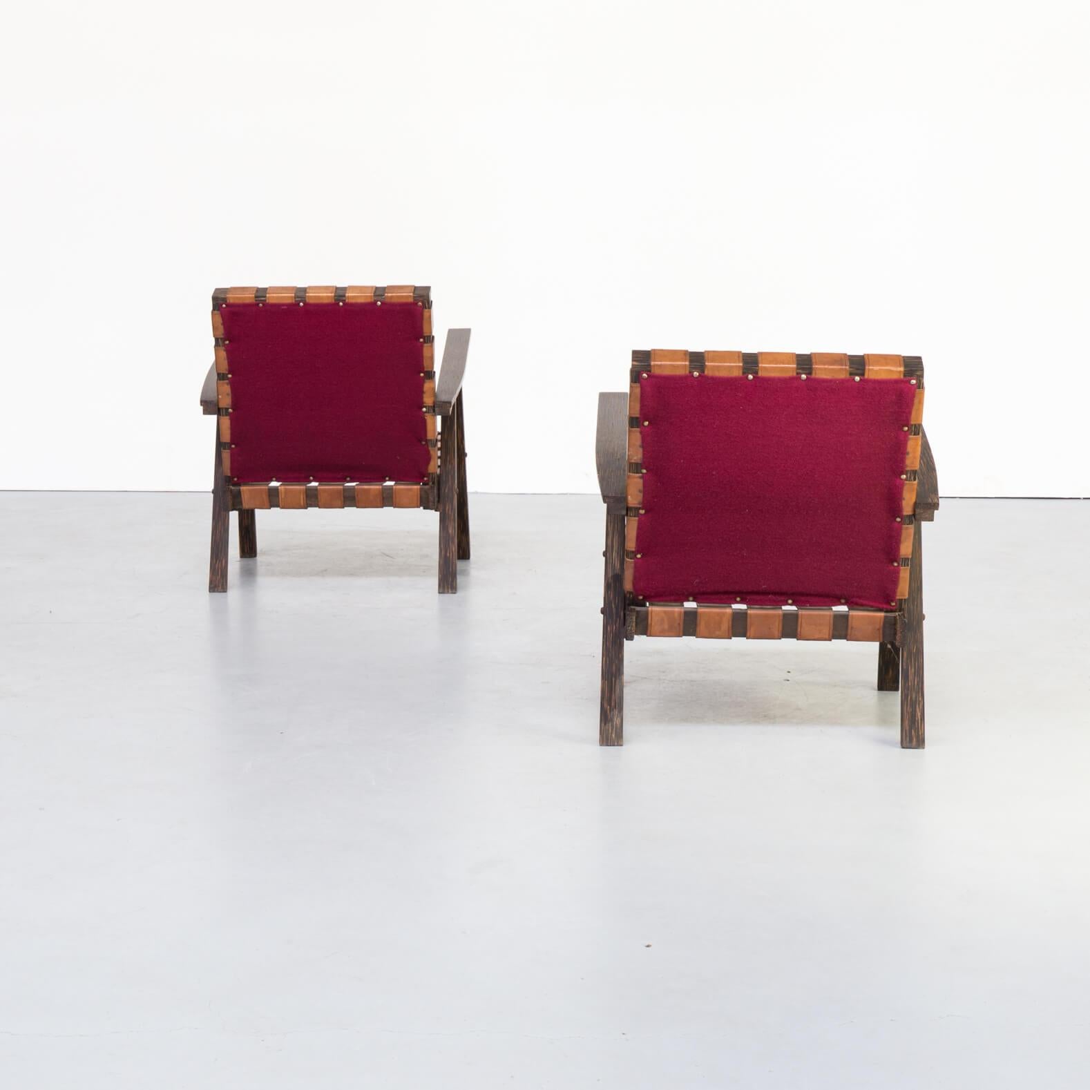 1960s Wood and Saddle Leather Fauteuil with Ottoman Set of 2 For Sale 1