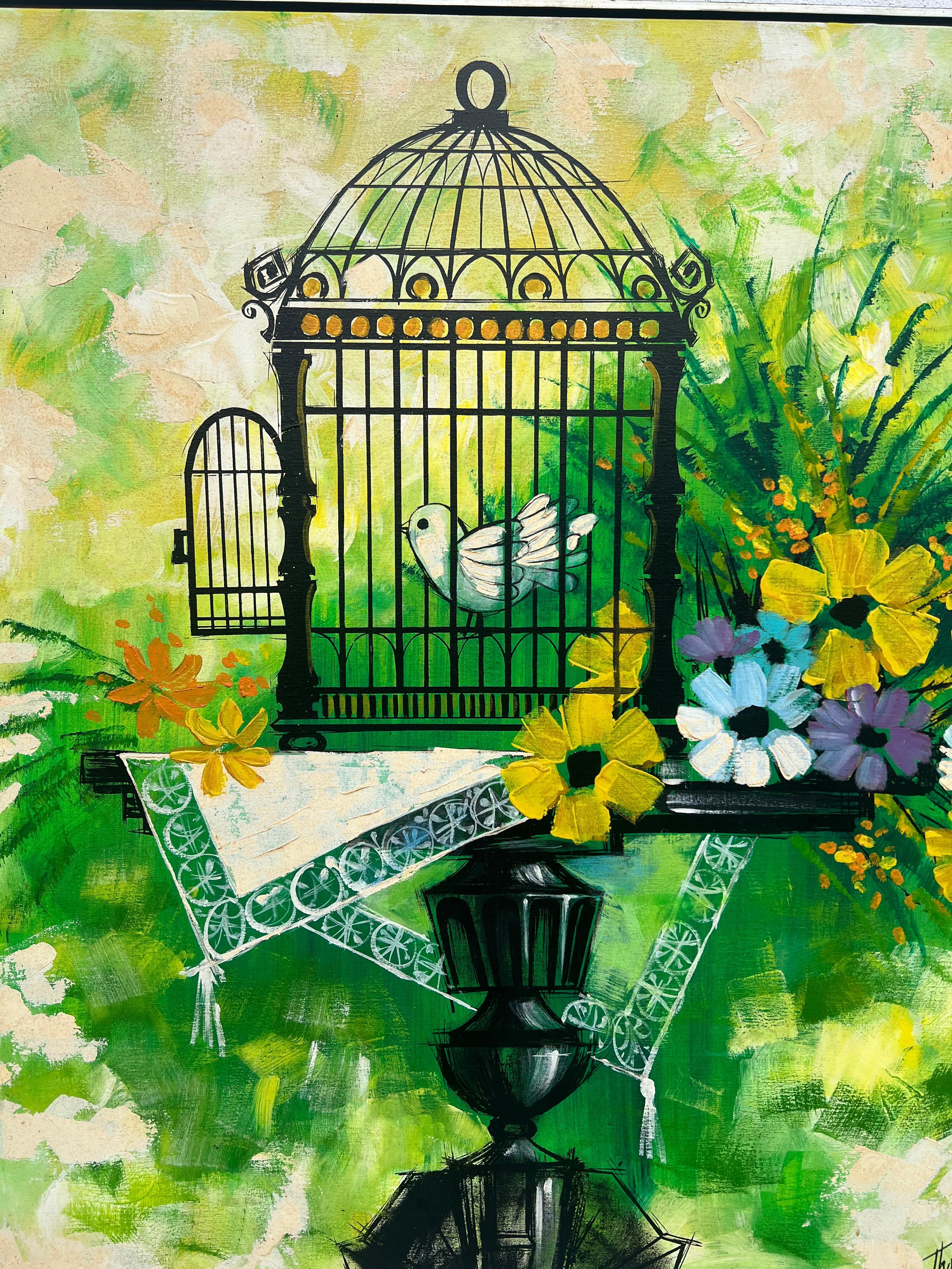 Gorgeous Monumental Mid Century Modern Original Thomas Lee framed oil on canvas. Signed

Rich colors. Focal 4 x 5 Ft size. Cheerful Modernist Floral Still Life with a Bird in cage. 

Framed in a 60's modern, to image, metal chrome frame