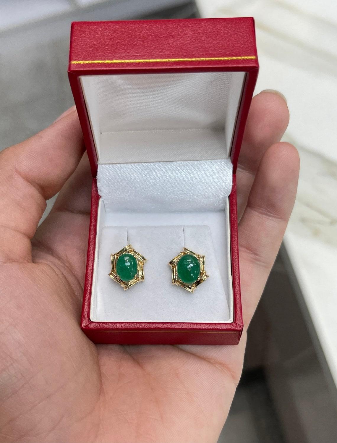 6.80tcw 14K Smaragd Cabochon viktorianische handgefertigte Vintage-Ohrringe im Zustand „Neu“ im Angebot in Jupiter, FL